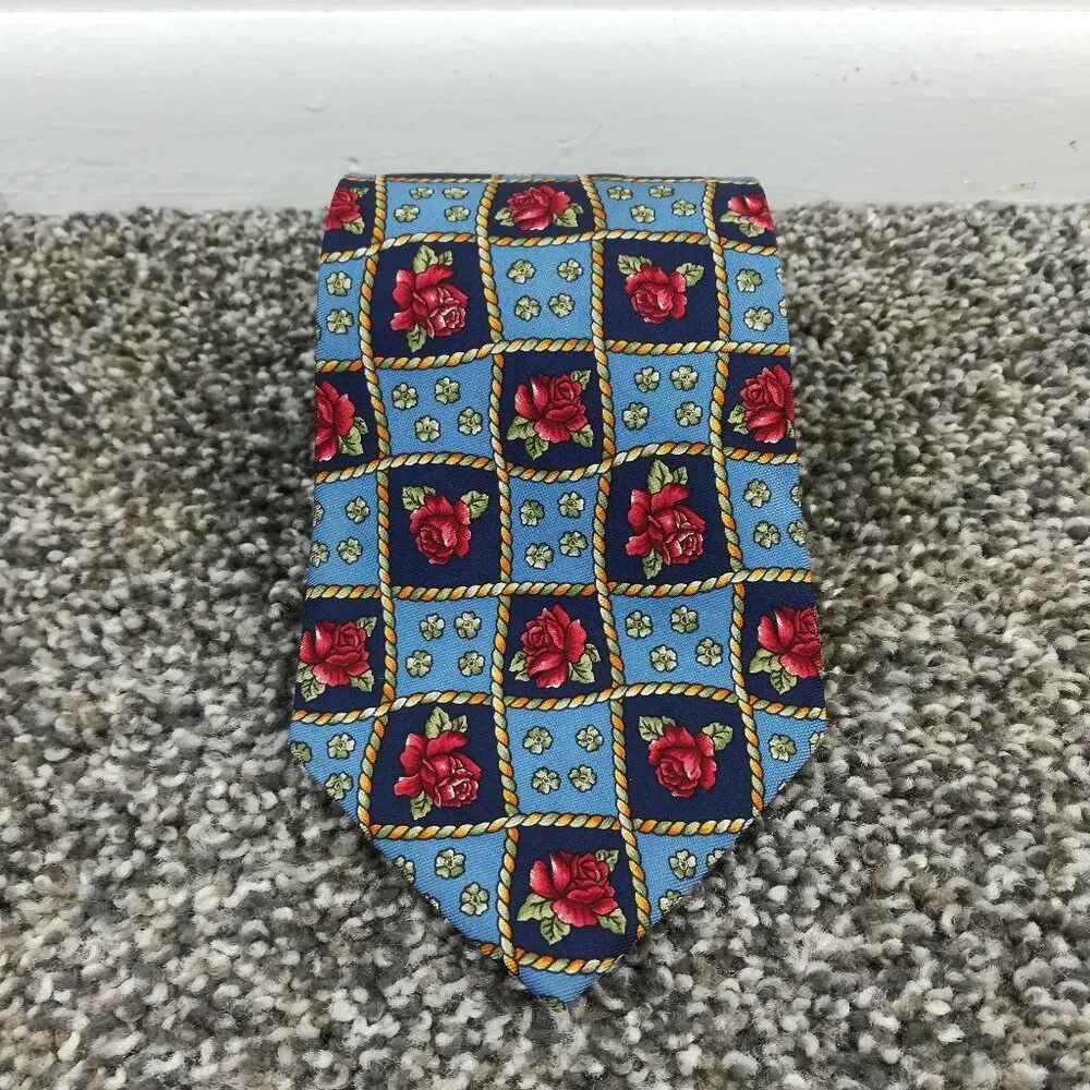 Vintage Burberry Neck Tie Silk Floral Blue Red USA Made 56L 3.75W